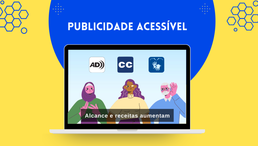 Descrição da imagem: Cartaz quadrado com fundo azul e amarelo, com o título “Publicidade Acessível” em letras brancas centralizados no alto. No centro, o desenho de uma televisão, na qual aparece no alto da tela os símbolos de audiodescrição, closed caption e libras. Abaixo dos símbolos, desenhos de três pessoas — uma mulher branca com véu na cabeça fazendo sinais com as mãos; uma mulher negra de cabelos longos, um olho preto e outro branco e um senhor de cabelos brancos, óculos e mão direita em concha ao lado do ouvido.